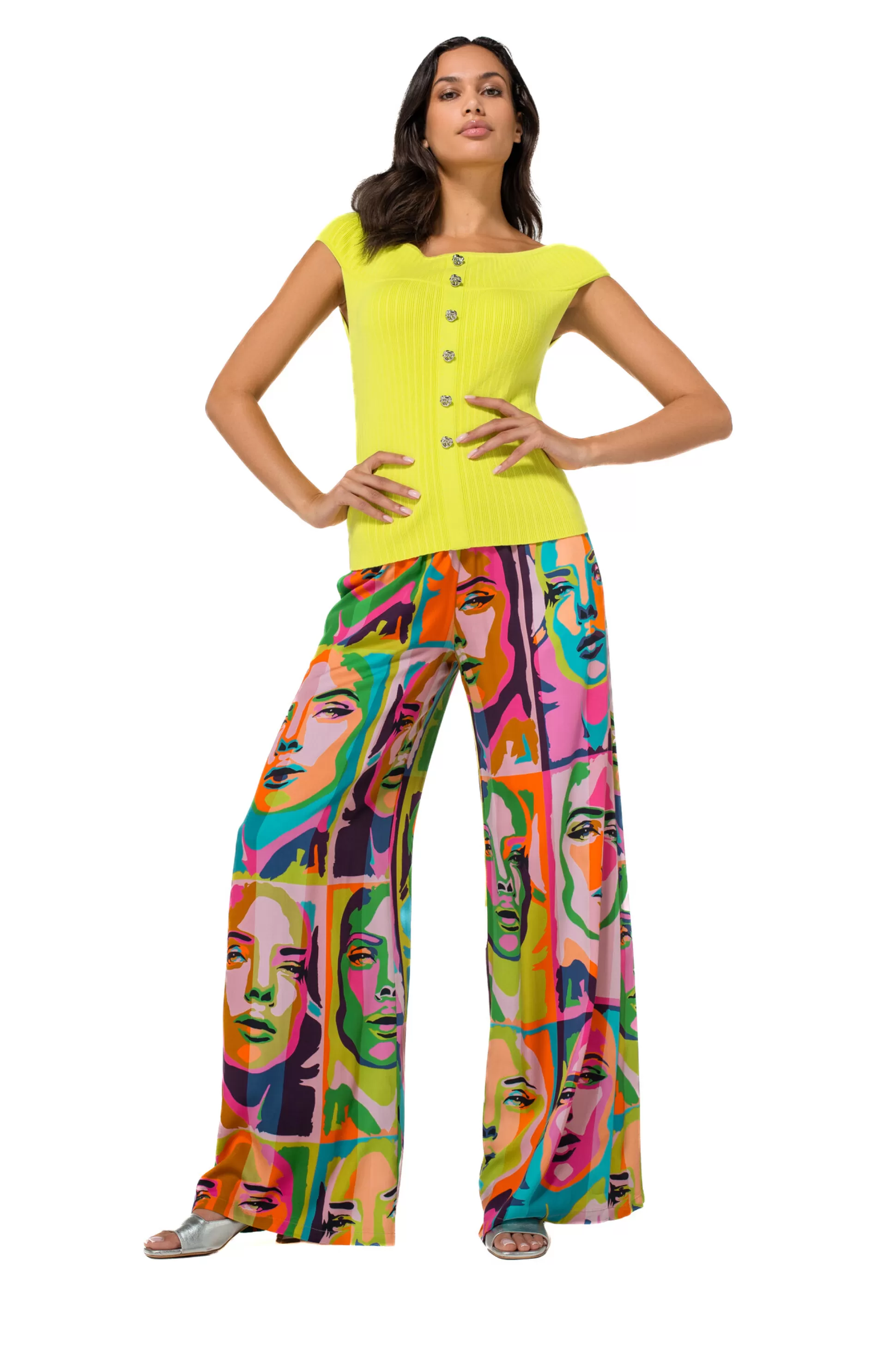 Caroline Biss Trousers*1542-79 / Flowing Palazzo Trousers, Normal Waist, Pop-Art Print