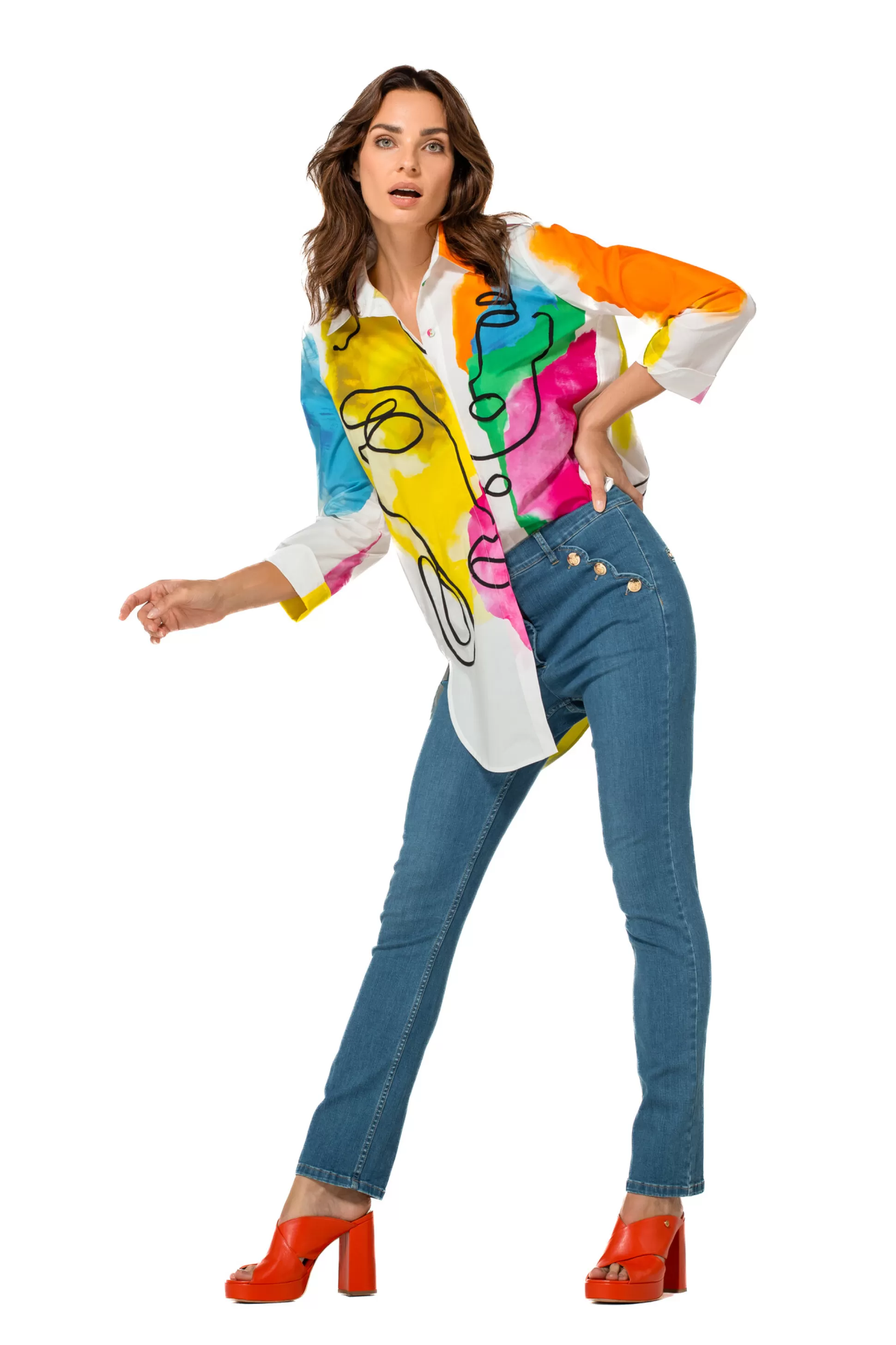 Caroline Biss Tops*1609-79 / Long Summer Colorful Shirt in Cotton