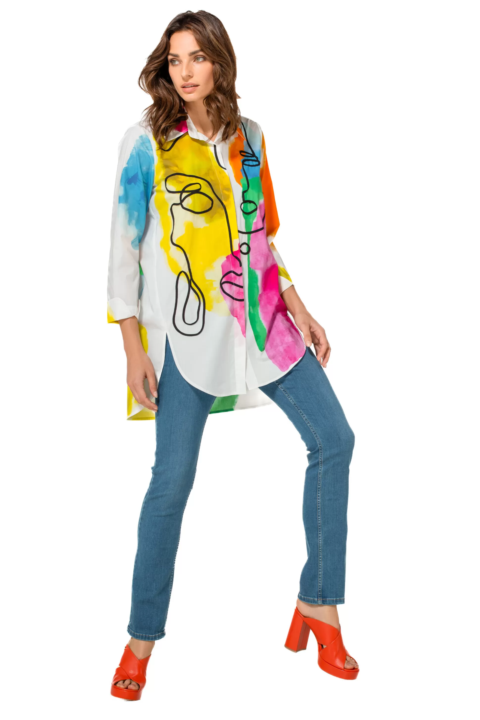 Caroline Biss Tops*1609-79 / Long Summer Colorful Shirt in Cotton